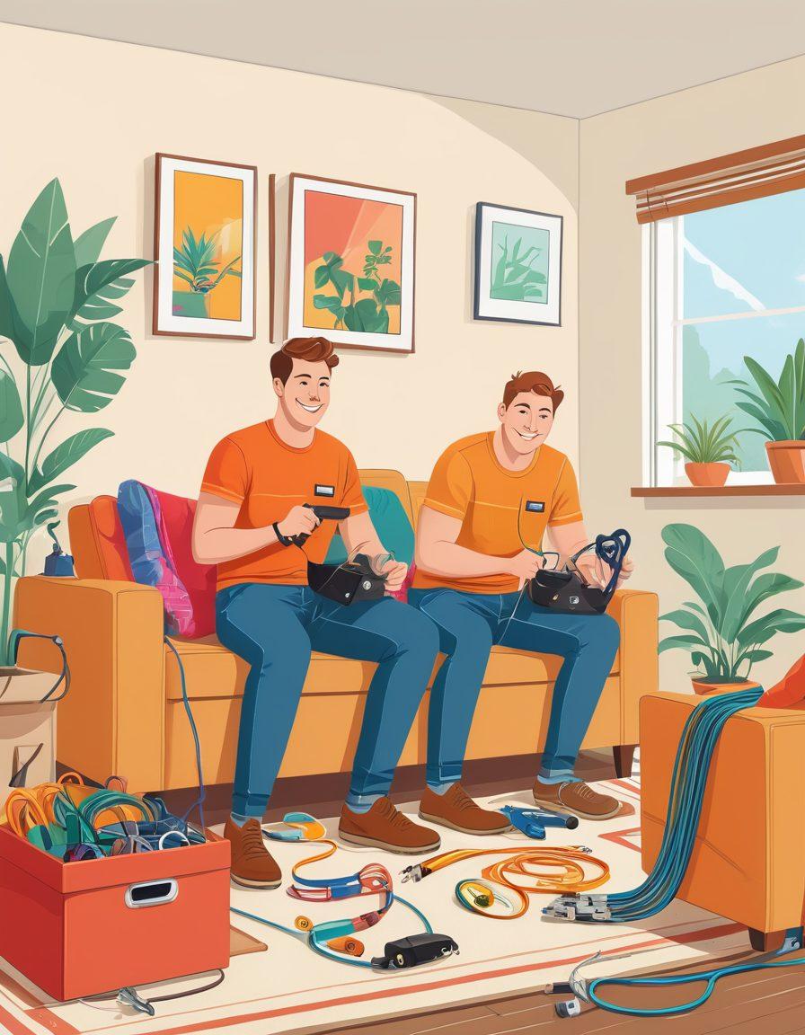 An illustrated scene of professional movers neatly organizing various cables in a client's home, showcasing smiling movers with tools and colorful cable organizers. The background features a cozy living space with modern furniture and plants, emphasizing friendliness and dependability. Include labels for the different types of cables and a warm, inviting color palette. cartoon style. vibrant colors.