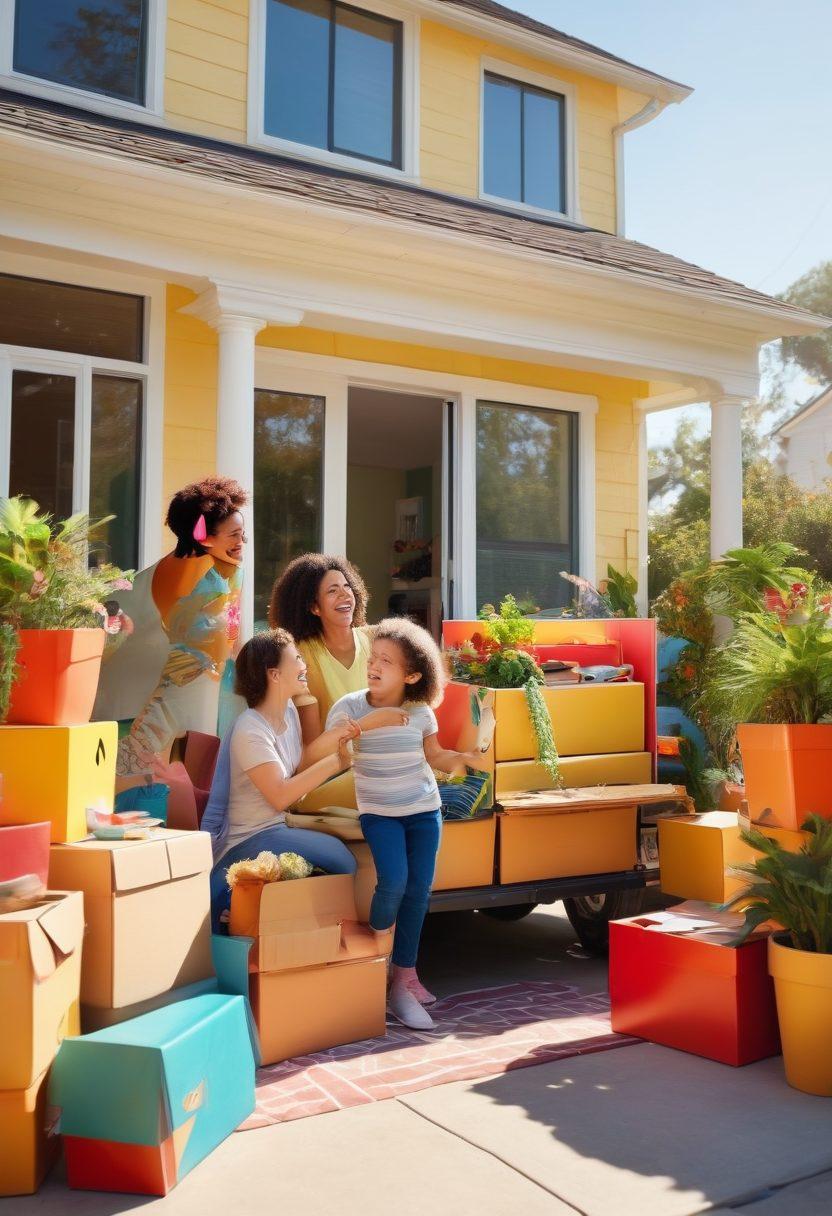 A cheerful family packing their belongings in a bright, cozy living room filled with colorful boxes, smiling and high-fiving each other. Outside the window, a sunny day enhances the joyful atmosphere, with a moving truck displayed in the driveway. Include elements like plants and a pet watching happily. super-realistic. vibrant colors. warm tones.