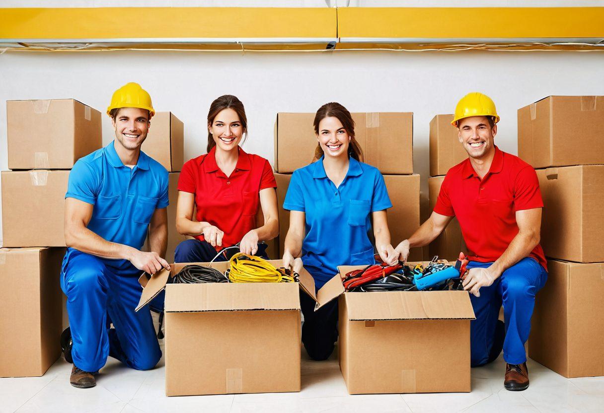 A cheerful moving team expertly handling cables with smiles, surrounded by organized boxes and tools, showcasing a stress-free moving environment. Bright and inviting colors emphasize joy and professionalism. A scenic background of a sunny day enhances the positive vibe. super-realistic. vibrant colors. white background.